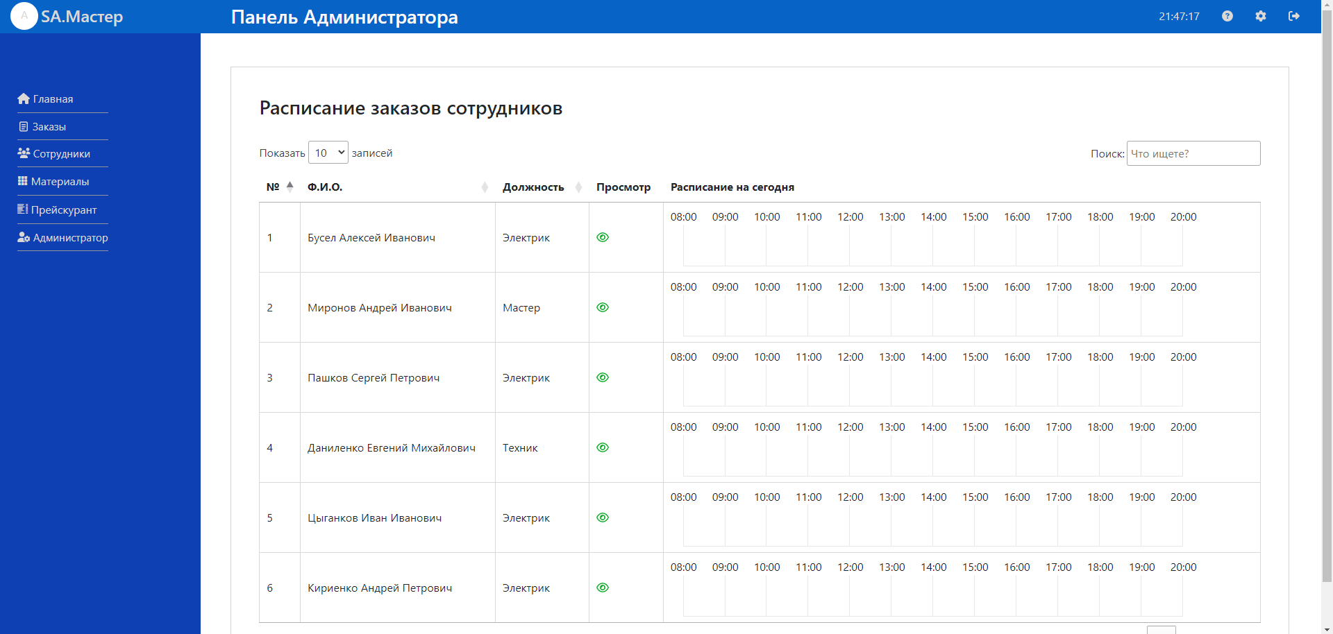 Расписание заданий сотрудников