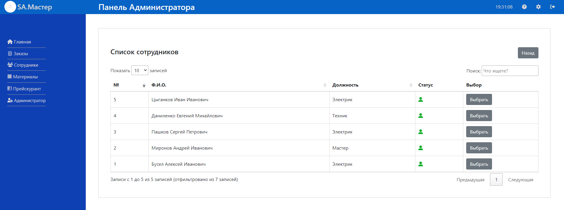 Список сотрудников